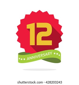 Anniversary badge with shadow on red starburst and yellow number 12 twelve.12th years anniversary icon, twelfth years symbol, green ribbon, vector emblem isolated on white