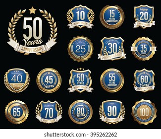 Anniversary Badges. Set of Golden Anniversary Signs. Gold and Royal Blue. 