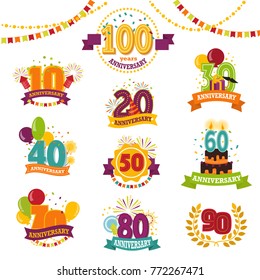 Anniversary badges set vector birthday numbers emblems holiday anniversarily festive celebration birth age letter with ribbons universal illustration isolated on white background