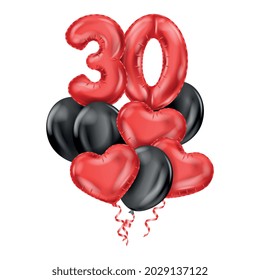 Globos de aniversario composición de color realista con globos rojos y negros conjunto de corazones y números ilustración vectorial