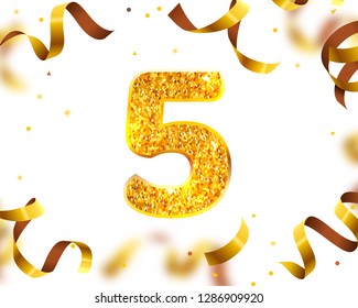 Anniversary Banner 5th, Gold Ribbon Fly. Vector illustration