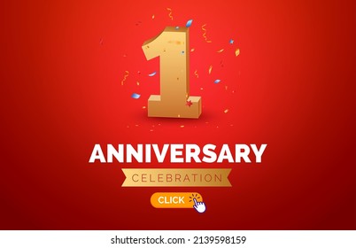 Anniversary birthday 1 year golden red background. Happy vector poster 1st anniversary confetti celebration poster