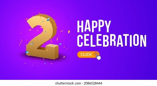 Anniversary birthday 2 years golden background. Happy vector poster 2 anniversary confetti celebration poster