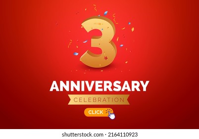 Anniversary birthday 3 years golden background. Happy vector poster 3 anniversary confetti celebration poster