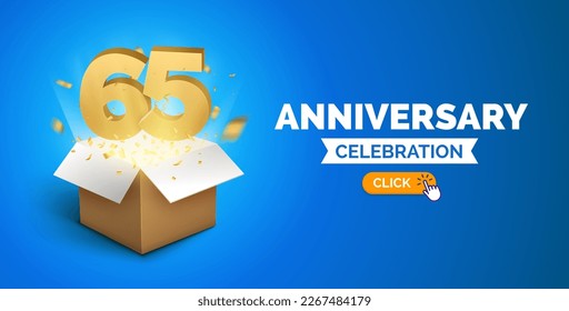 Anniversary birthday 65 years golden background. Happy vector poster 65th anniversary confetti celebration poster