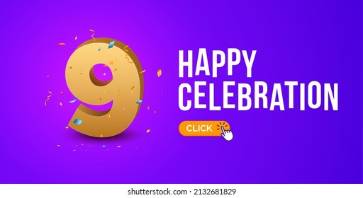 Anniversary birthday 9 years golden background. Happy vector poster 9 anniversary confetti celebration poster