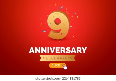 Anniversary birthday 9 years golden background. Happy vector poster 9 anniversary confetti celebration poster