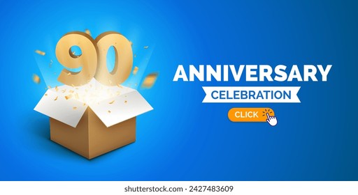 Anniversary birthday 90 years golden background. Happy vector poster 90 anniversary box confetti celebration poster