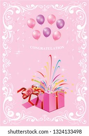 Anniversary, birthday, greeting card with gift box and balloons on a pink background with a beautiful ornament on a festive day. Vector illustration
