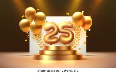 Anniversary of Birthday, number 25 on the podium with golden balloons. Vector illustration