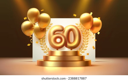 Anniversary of Birthday, number 60 on the podium with golden balloons. Vector illustration