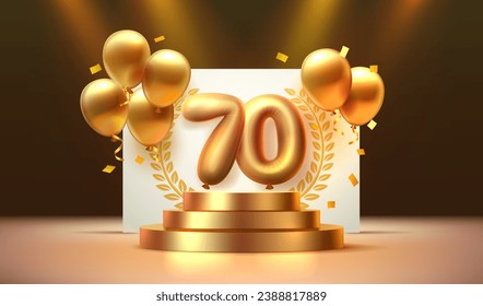 Anniversary of Birthday, number 70 on the podium with golden balloons. Vector illustration