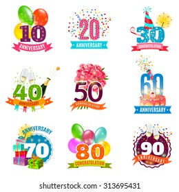 Anniversary birthdays festive emblems icons set for personalized gifts cards  and presents colorful abstract isolated vector illustration