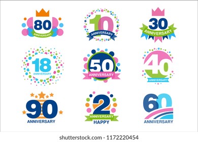 Anniversary birthdays festive signs set, ubilee elements collection vector Illustrations