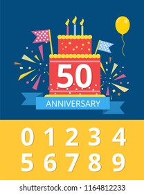 Anniversary cake with fireworks and celebration background, set of numbers. Vector poster