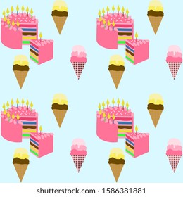 Anniversary cakes with candles and ice cream ornament. Gifts and gifts of festive wrapping paper.