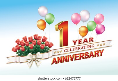 Anniversary card 1 year old with a bouquet of roses and balloons. Vector illustration