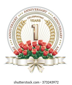 Anniversary card 1 year with roses, wreath and ribbon