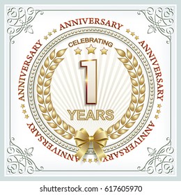 Anniversary card 1 year with a wreath and bow in a frame with an ornament