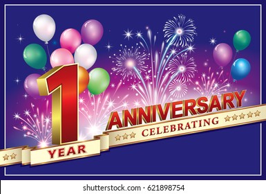 Anniversary card 1 yearsold with fireworks and balloons on a blue background. Vector illustration