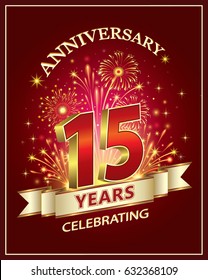 Anniversary card 15 years old with fireworks on claret background. Vector illustration