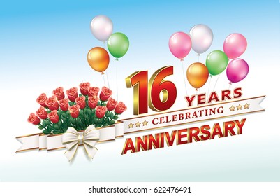 Anniversary card 16 years old with a bouquet of roses and balloons. Vector illustration