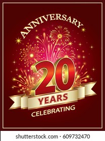 Anniversary card 20 years old with fireworks on claret background. Vector illustration