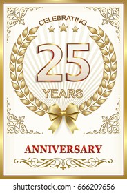 Anniversary card 25 years with a wreath and bow in a frame with an ornament