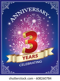 Anniversary card 3 years in a frame with ornament and firework on a blue background. Vector illustration