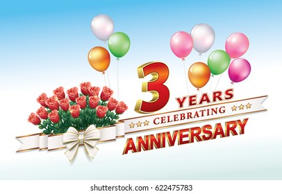 Anniversary card 3 years old with a bouquet of roses and balloons. Vector illustration