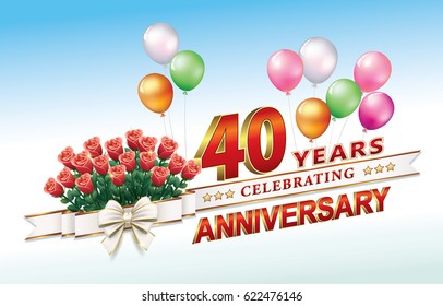 Anniversary card 40 years old with a bouquet of roses and balloons. Vector illustration