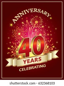 Anniversary card 40 years old with fireworks on claret background. Vector illustration