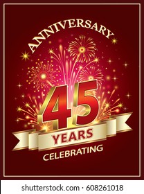 Anniversary card 45 years old with fireworks on claret background. Vector illustration