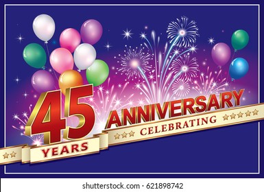 Anniversary card 45 years old with fireworks and balloons on a blue background. Vector illustration