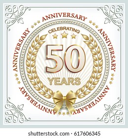 Anniversary card 50 years with a wreath and bow in a frame with an ornament