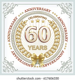 Anniversary card 60 years with a wreath and bow in a frame with an ornament