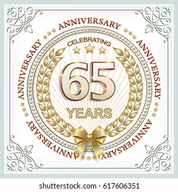 Anniversary card 65 years with a wreath and bow in a frame with an ornament