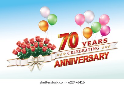 Anniversary card 70 years old with a bouquet of roses and balloons. Vector illustration