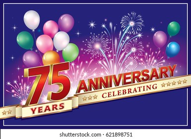 Anniversary card 75 years old with fireworks and balloons on a blue background. Vector illustration