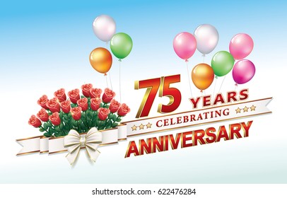 Anniversary card 75 years old with a bouquet of roses and balloons. Vector illustration