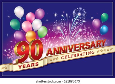 Anniversary card 90 years old with fireworks and balloons on a blue background. Vector illustration