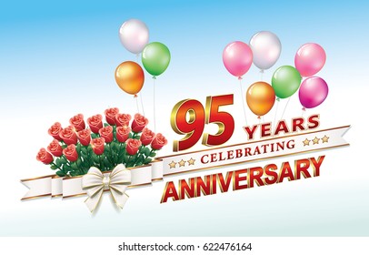 Anniversary card 95 years old with a bouquet of roses and balloons. Vector illustration