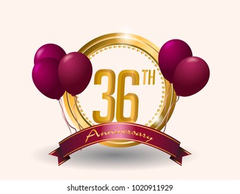 anniversary card design template with balloon and elegant golden circle.