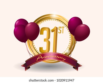 anniversary card design template with balloon and elegant golden circle.