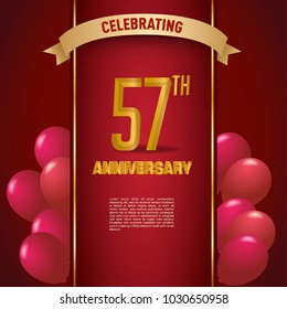 anniversary card design template with red background and balloon