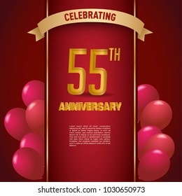 anniversary card design template with red background and balloon