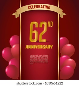 anniversary card design template with red background and balloon