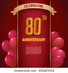 anniversary card design template with red background and balloon