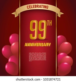 anniversary card design template with red background and balloon