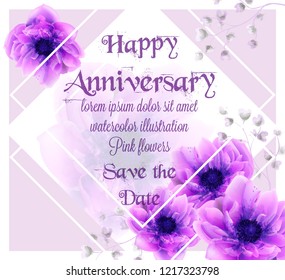 Anniversary card with pink flowers watercolor Vector. Beautiful vintage pastel colors floral decor elements